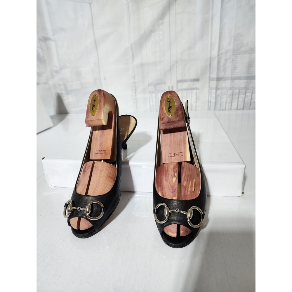 Gucci Leather Horsebit Peep Toe Platform Pumps Black Size 39
